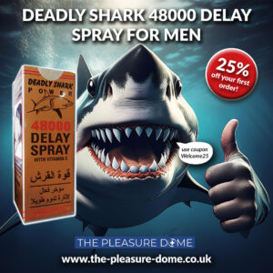 Shark giving a thumbs up to the camera showing a male delay spray product